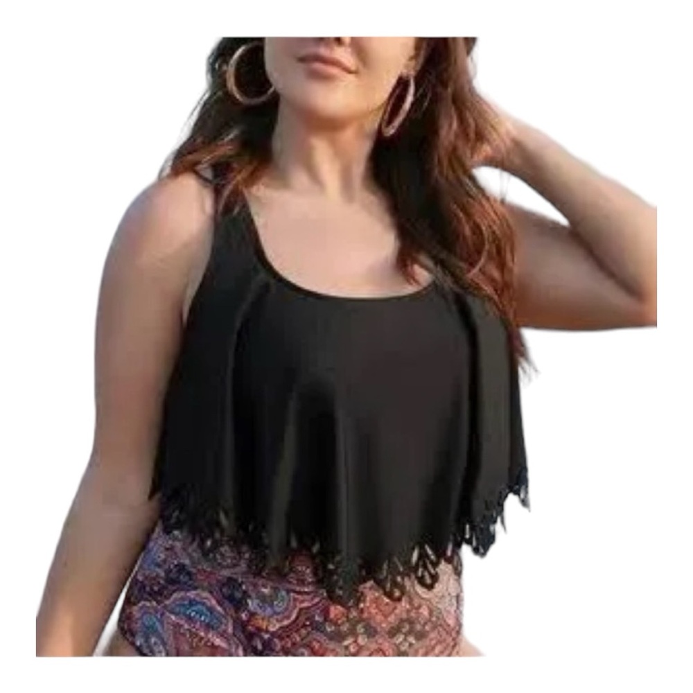 Black Lace Trim Swim Top